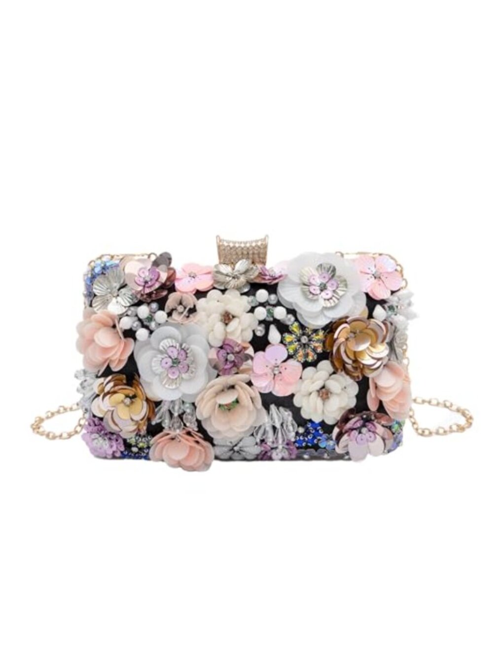 Beaded Sequin Clutch Evening Bag with 3D Floral Rhinestone Party Handbag